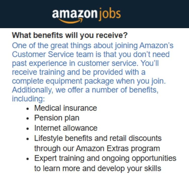 Amazon Customer Service Associate Job Benifit